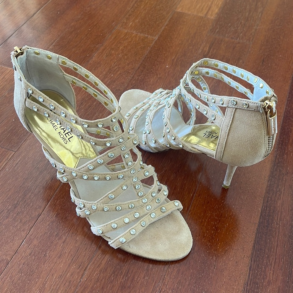 Michael Kors Maddie Jeweled T-Strap Evening Sandals Nude Size 8